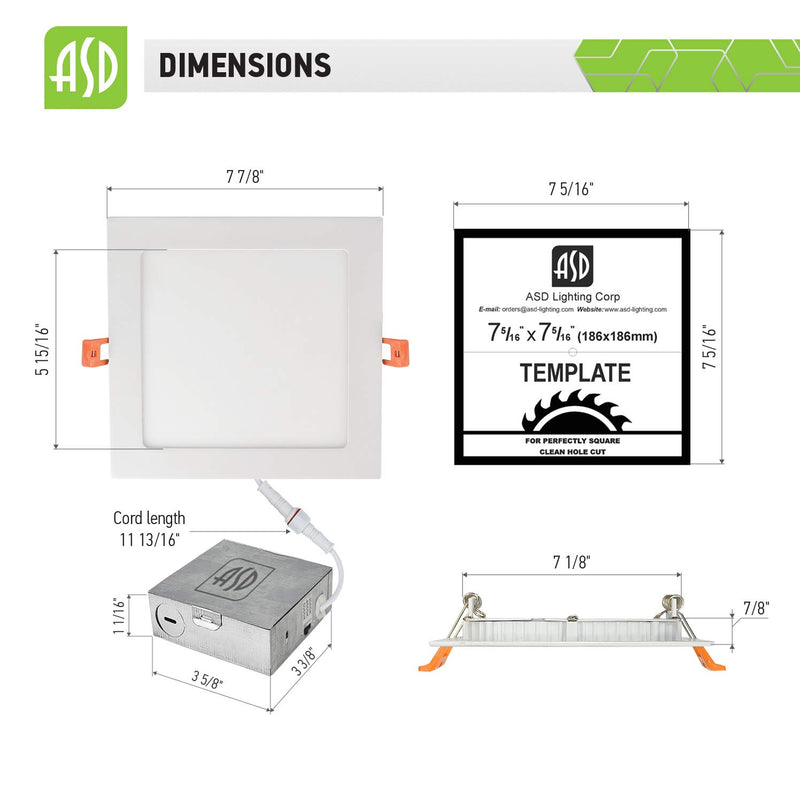 ASD 8 Inch Ultra-Thin LED Recessed Ceiling Light with J-Box, Dimmable Square Panel Downlight 18W 1350Lm, Color Temperature Selectable 3000K-4000K-5000K White Finish, IC Rated ETL Energy Star 1-Pack