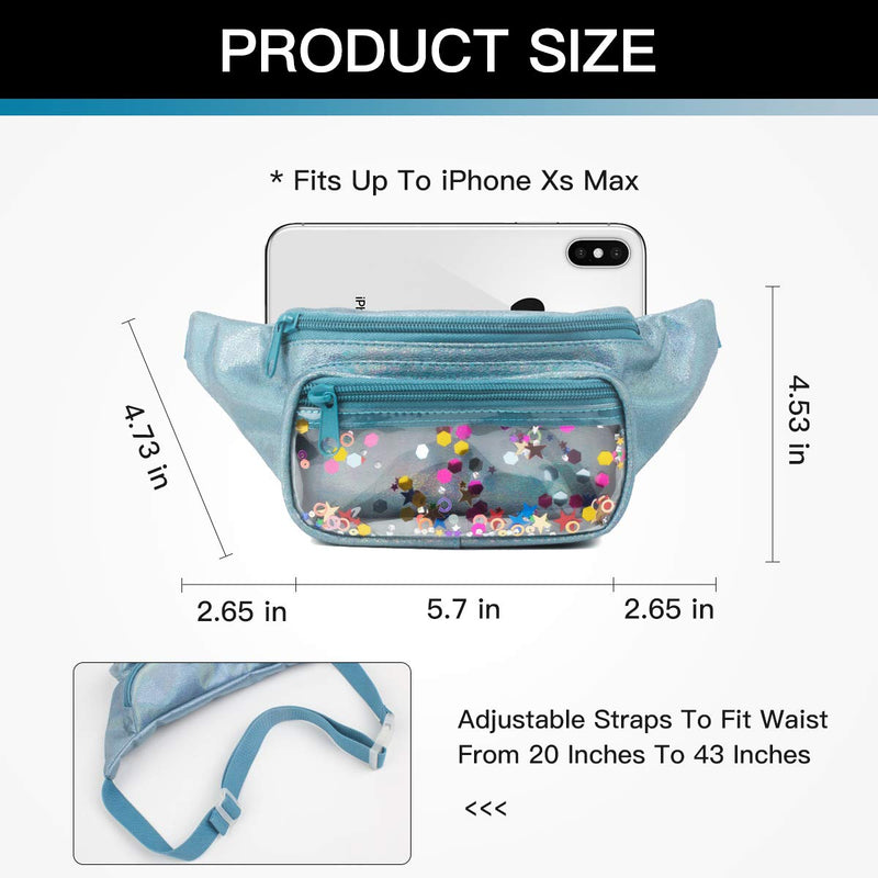 PYFK Holographic Fanny Pack Fashion Festival Waist Bag for Women Girls Shiny Bag with Adjustable Belt for Traveling, Party, Rave Glitter Turquoise