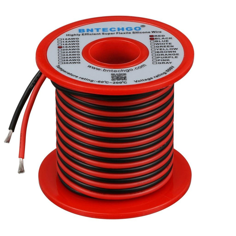 BNTECHGO 18 Gauge Silicone Wire Spool Red and Black Each 25ft 2 Separate Wires Flexible 18 AWG Stranded Copper Wire 18 gauge silicone wire each color 25ft 18 gauge silicone wire red and black