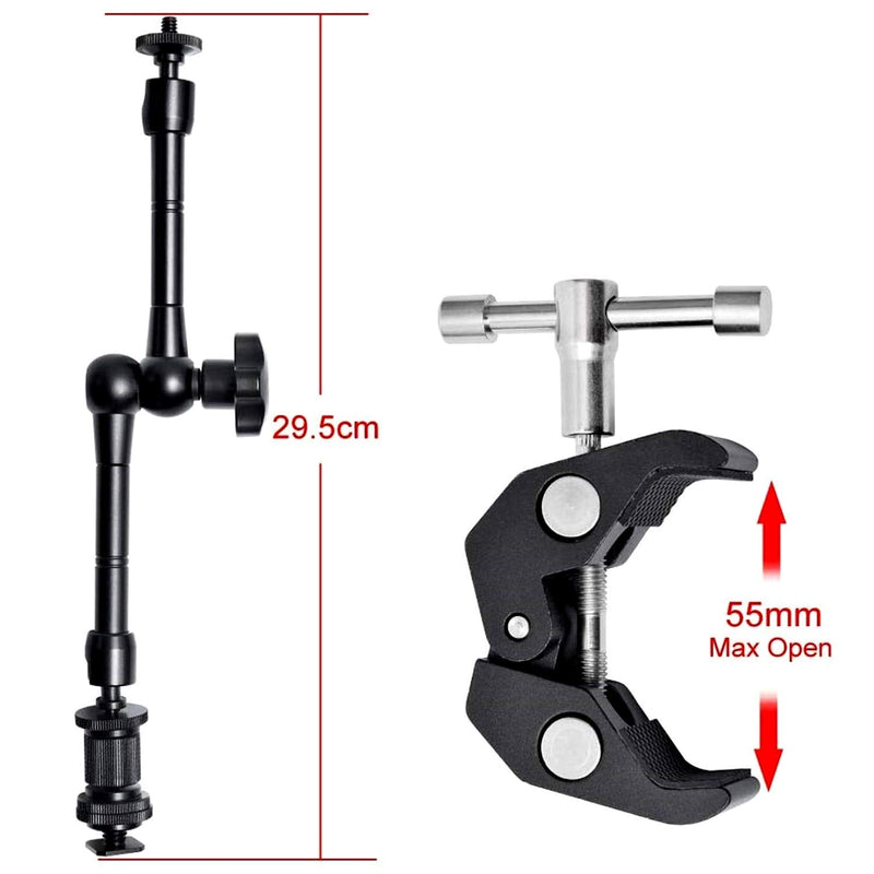 WANBY 11 Inch Articulating Friction Magic Arm & Large Adjustable Super Clamp Pliers Clip with 1/4" and 3/8" Thread for DSLR Camera Rig, LCD Monitor, LED Flash Lights (Arm & Clamp)