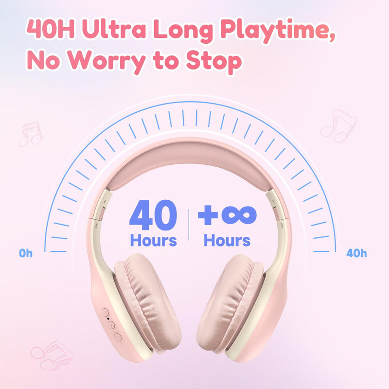 [AUSTRALIA] - Kids Bluetooth Headphones, EarFun K2 Kids Headphones with Volume Limited, 40H Playtime, Bluetooth 5.0 Headphones with Mic, Stereo Sound, Foldable Over-Ear Headphones for Kids/School/Travel/Tablet Pink 