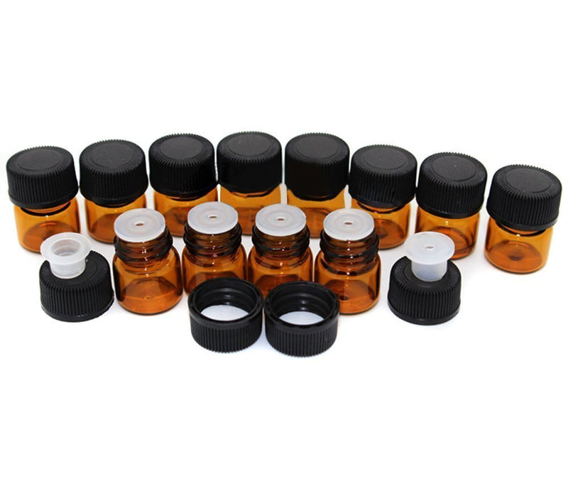 25 Pcs 1ML Amber Glass Bottles Mini Essential Oil Vials Containers with Orifice Reducers and Black Cap for Aromatherapy Reagents Cologne Perfume Samples