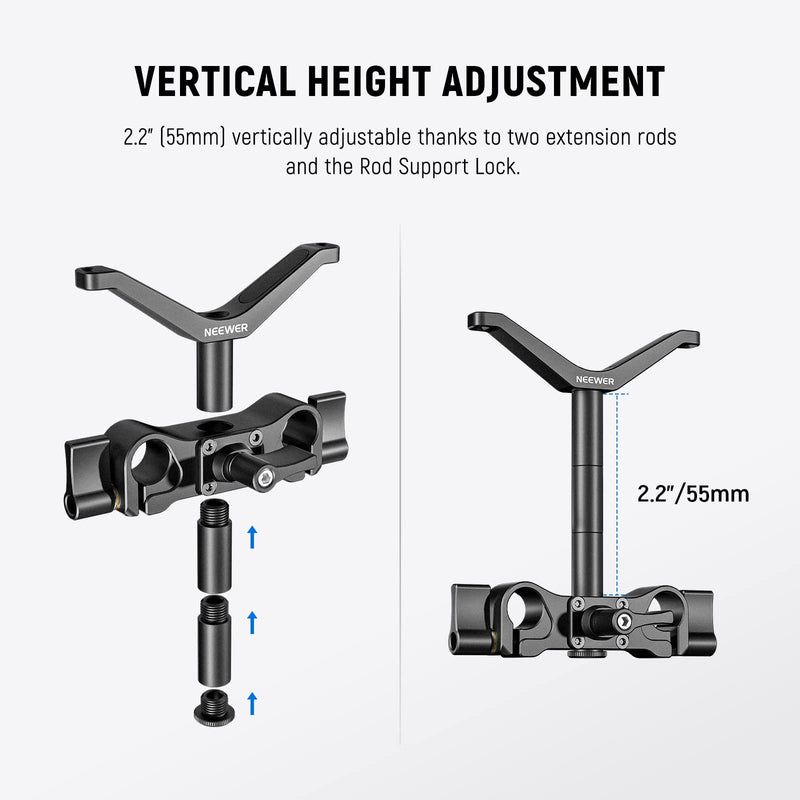 NEEWER Camera Lens Support with Dual 15mm Rod Rail Clamp, Universal LWS Y Bracket with 2.2"/55mm Height Adjustment for Heavy Lenses, Compatible with SmallRig Cage Sony A7 Canon R5 BMPCC 6K Pro, CA012