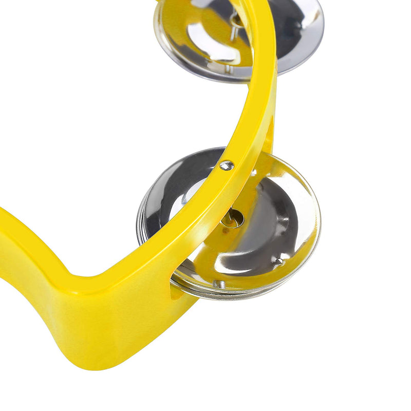 Flexzion Tambourine for Kids Hand Bell Percussion Toddler Musical Instruments Set of 2 Pack (Yellow) - Baby Child Safe Music Toy Half Moon Mini D Handheld Shaker with 4 Pairs Metal Jingle Bells Yellow