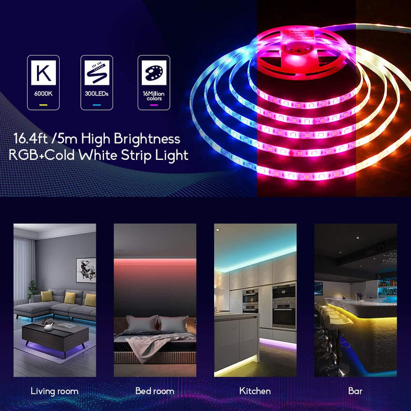 [AUSTRALIA] - GIDERWEL RGBW LED Strip Light,16.4ft RGB+Cold White SMD5050 Flexible 12V LED Strips 300LEDs,Dimmable Mixed Color Changing LED Tape Light Ambiance Lighting for Party Home Kitchen,Only 5m Strips 5m Rgbw Led Strips Only 