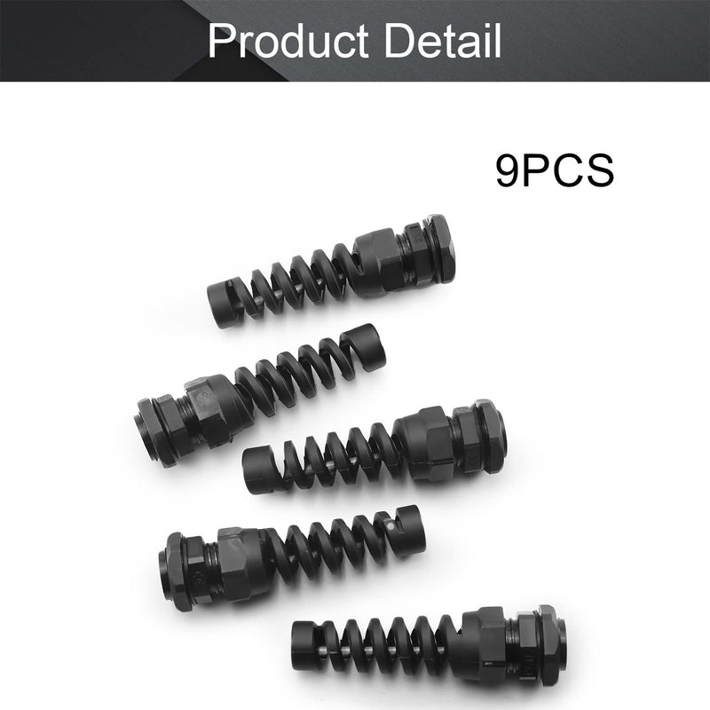 Fielect 9Pcs PG11 Cable Gland Plastic Waterproof Cable Glands Connector Flex Spiral Strain Relief Protector Black for 5-10mm Dia Cable