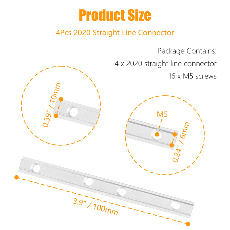 Qjaiune 4Pcs 2020 Straight Line Connector, T Slot Aluminum Extrusion Connectors with M5 Screws, 3.9 Inch Joint Line Brackets T Slot Fasteners for 2020 Series Aluminum Extrusion Profile with Slot 6mm