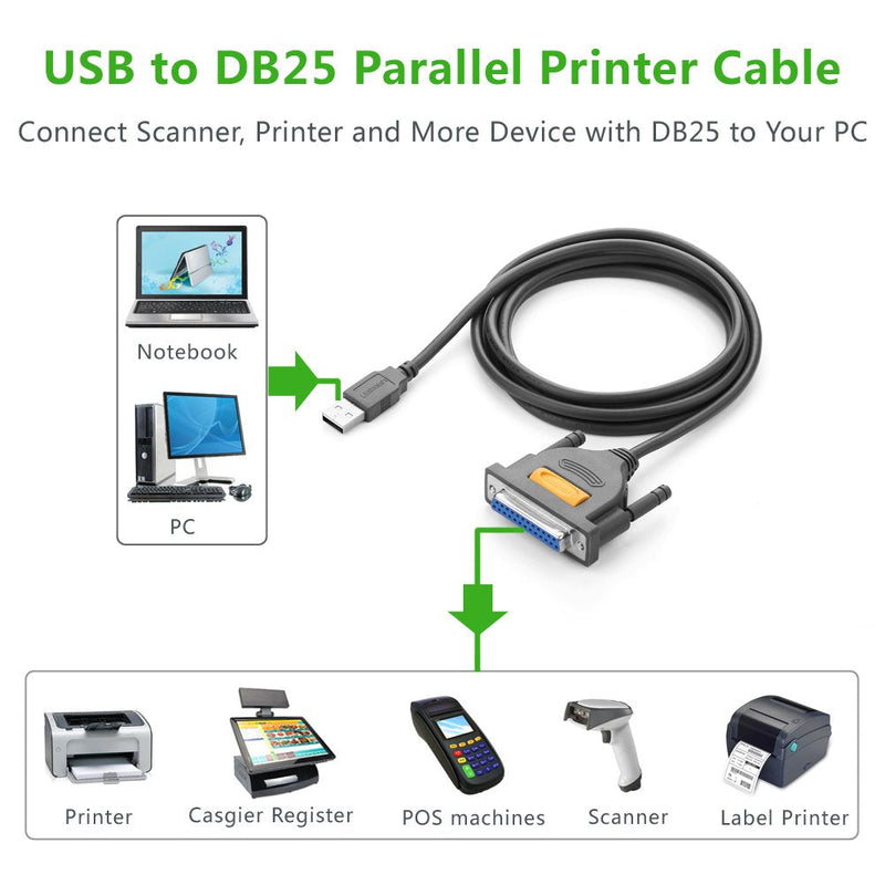 UGREEN USB to DB25 Parallel Printer Cable Adapter 6FT Male to Female Connector IEEE 1284 Converter for PC Desktop Laptop Support Windows Mac OS Linux, 6 FT