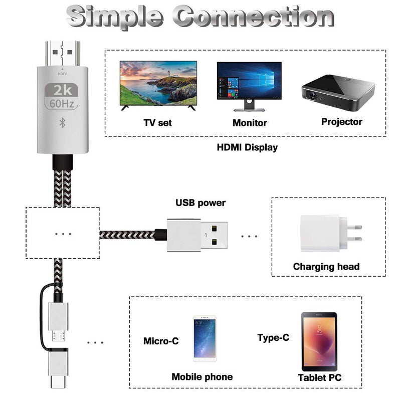2-in-1 USB C Type C/Micro USB to HDMI Cable, MHL to HDMI Adapter 2K HDTV Mirroring & Charging Cable, Digital AV Video Adapter for Android Smartphones to TV Projector Monitor 60Hz,2M/6.6ft (Black) Black