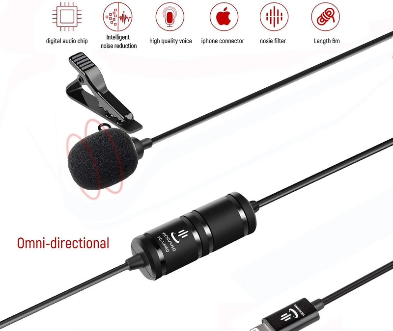 6M/19FT Professional Lavalier Lapel Microphone Omnidirectional Condenser Mic Compatible with iPhone 6/7/7 plus/8/8 plus/11/11 Pro/12, iPhone X/XS/XR,YouTube Facebook Interview Video Recording 6M iOS