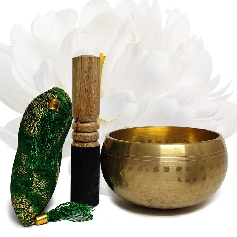 Hand Crafted Tibetan 4 Inch Hammered Singing Bowl Set By Trumiri - Helpful for Meditation Chakra Healing Relaxation Peace Mindfulness with Premium Tulsi Beads, Flag, Mallet, Cushion & Potli (Bag)