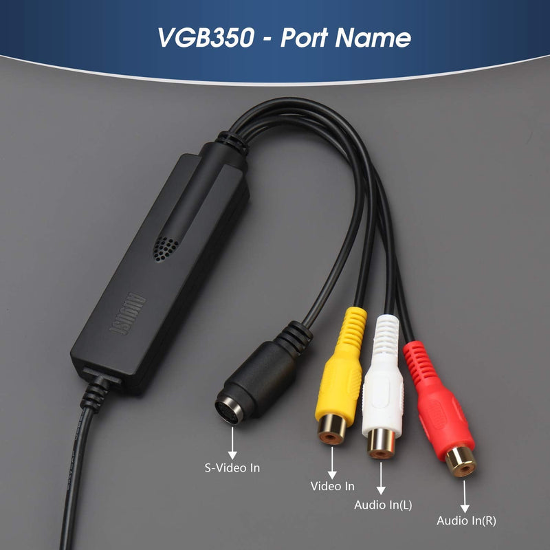 August USB Video Capture Card Grabber VGB350 - Transfer VHS Mini DV Hi8 DVD to Computer for Windows 11,10,8,7, Composite S-Video, PAL/NTSC/SECAM, Convert Video from VCR & Camcorder