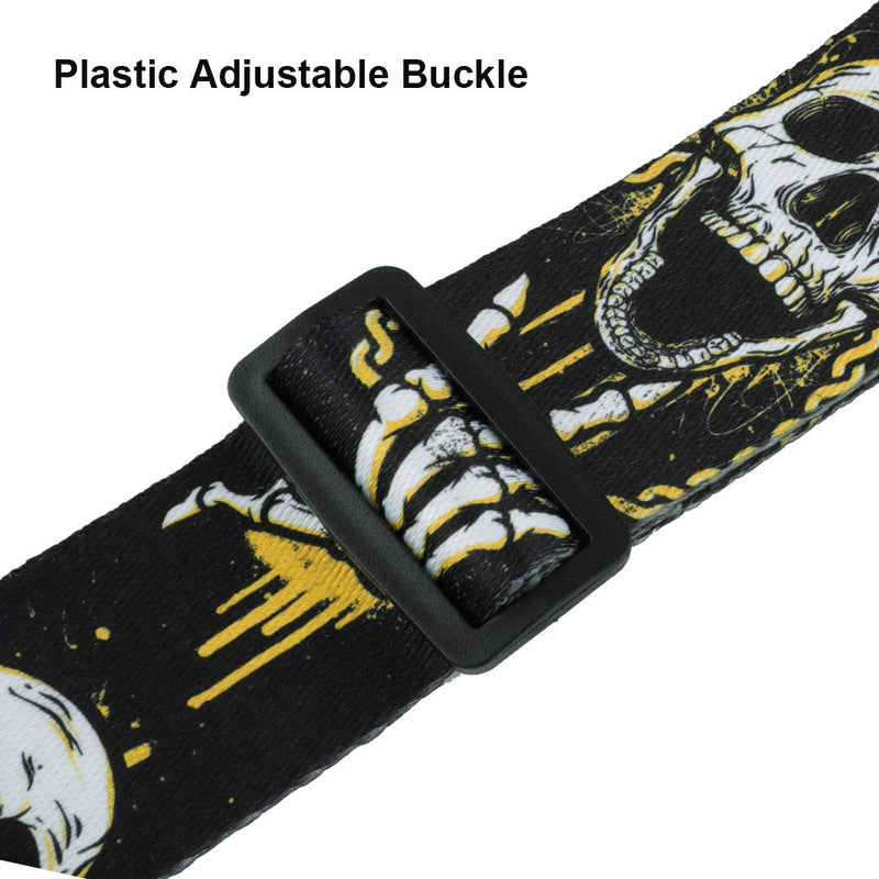 DINGDA Skull Guitar Strap, Soft Polyester & Leather Ends Adjustable Guitar Shoulder Strap for Bass, Electric & Acoustic Guitars - Includes 2 Picks and 2 Strap Locks (Black) Black skull