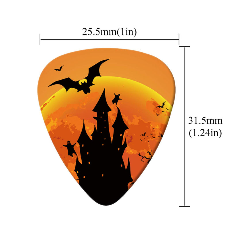 Halloween Guitar Picks Castle Skull Witch Black Cat Bat Pumpkin Guitar Plectrums for Bass Electric Acoustic Guitars Thin (0.46 mm), Medium (0.71 mm), Heavy (0.96 mm) Size