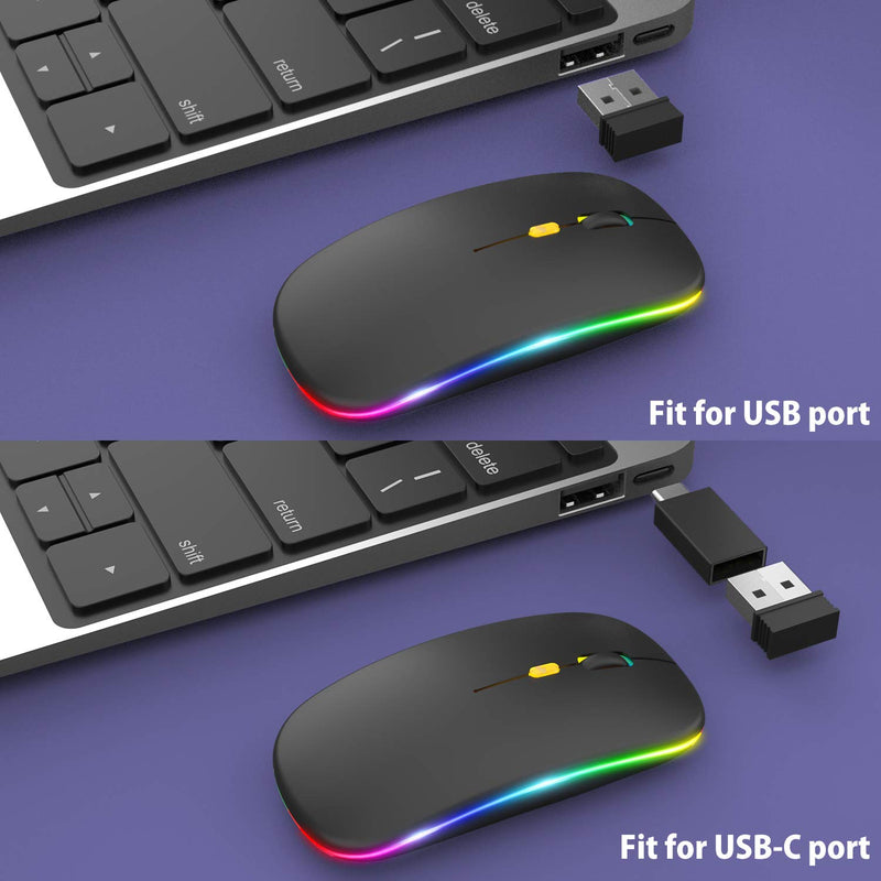 【Upgrade】 LED Wireless Mouse, Rechargeable Slim Silent Mouse 2.4G Portable Mobile Optical Office Mouse with USB & Type-c Receiver, 3 Adjustable DPI for Notebook, PC, Laptop, Computer, Desktop (Black) Black