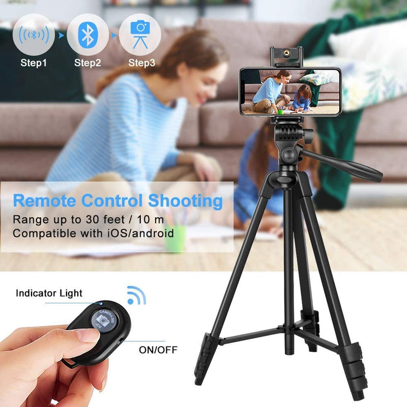Phone Tripod,54" Adjustable Cell Phone Tripod,Lightweight Tripod 360° Rotation with Bluetooth Remote Control Mount,Portable Bag,Sport Camera Adapter,for iPhone Ipad Smartphone Camera Projector 53“