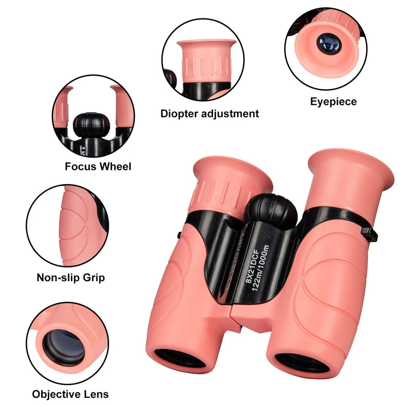 Boosigant Compact Binoculars for Kids 8x21, Gift for 3-12 Years Boys & Girls High-Resolution Shockproof Mini Kids Binoculars for Bird Watching, Hiking, Camping, Travel Pink 302 8x21 Pink