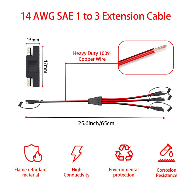 Billion wealth 2Feet / 65cm 14AWG SAE Connector Y Splitter 1 to 3 Extension Cable Compatible with Solar Connection and Transfer (14 AWG 1 to 3) 14 AWG 1 to 3