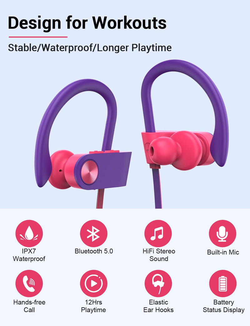 [AUSTRALIA] - Stiive Bluetooth Headphones, Wireless Sports Earbuds IPX7 Waterproof with Mic, Stereo Sweatproof in-Ear Earphones, Noise Cancelling Headsets for Gym Running Workout, 12 Hour Playtime - RedPurple 