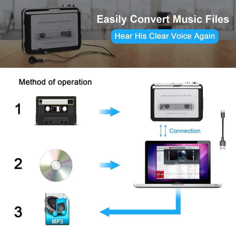 Portable Cassette Player,Digital Capture Cassette Tape to MP3 CD Converter Via USB,Compatible with Laptop and PC