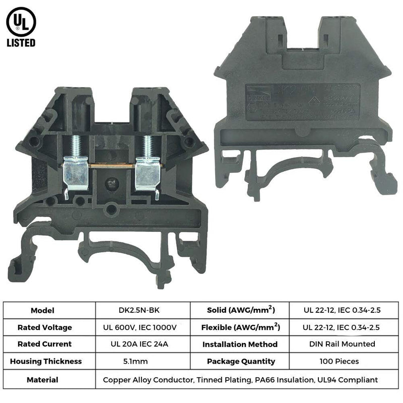 Dinkle Black DK2.5N-BK DIN Rail Terminal Block Screw Type UL 600V 20A 12-22AWG, Pack of 100