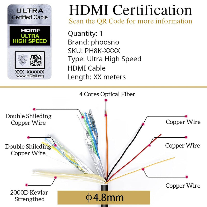 Certified 8K Fiber Optical HDMI 2.1 Cable Ultra High Speed HDMI Cable 48Gbps 25ft 7.5m phoossno Gen1 HDR eARC HDCP2.2 2.3 Support 4K 120Hz 8K60Hz Compatible with PS5 Xbox TV Monitor PC 7.5m Gen 1