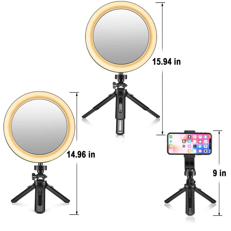 10" LED Selfie Ring Light with Removable Mirror for Makeup Live Streaming and YouTube Video - Mini Dimmable Lamp with 3 Light Modes - Table LED Camera Light with Stand Tripod and Cell Phone Holder 10 Inch