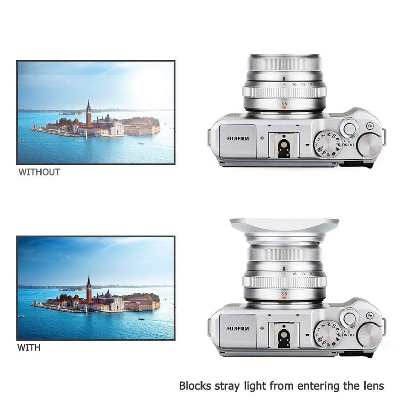 Silver Square Metal Lens Hood Shade w/Cover Cap for Fujifilm Fujinon XC 35mm F2 & XF 23mm / 35mm F2 R WR Lens on X-Pro3 X-Pro2 X-Pro1 X-T4 X-T3 X-T2 X-T1 X-T30 X-T20 X-T10 X-E3 Replace Fuji LH-XF35-2
