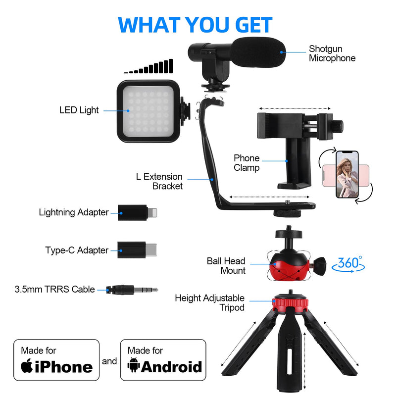 Vlogging Kit for iPhone Android: YouTube Starter Kits Vlog Video Recording Equipment - Accessories: Phone Tripod, Phone Mount, LED Light and Microphone - Black