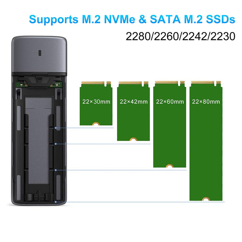 M.2 NVME NGFF SSD Enclosure Adapter Tool-Free, RTL9210B Chips, USB C 3.1 Gen 2 10Gbps NVME, 6Gbps SATA PCIe M-Key(B+M Key), Support UASP Trim for SSD Size 2230/2242/2260/2280 RTL9210B NVMe & SATA Protocol