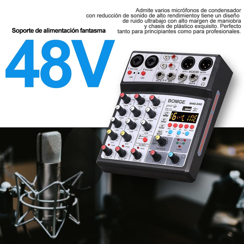 BOMGE 04D portable bluetooth 4 Channel DJ audio sound mixer mixing console with usb interface , 48V Phantom Power input, 16 Echo effects for recording, live streaming, singing (Black) black