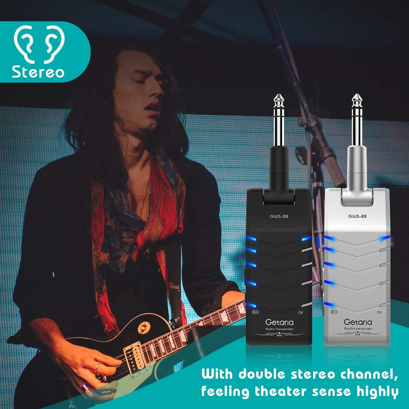[AUSTRALIA] - Getaria Stereo Wireless Guitar System 2.4GHz Guitar Transmitter Receiver with 5 Channels for Electronic Guitar Bass Drum Sliver/Black 