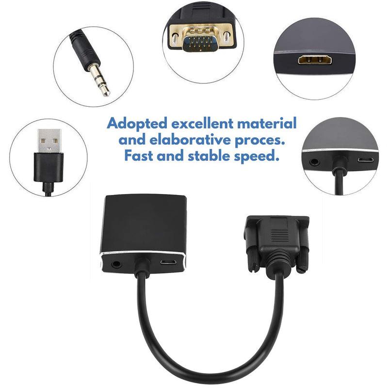VGA to HDMI Adapter, VGA to HDMI Converter (Male to Female) for Computer, Desktop, Laptop, PC, Monitor, Projector, HDTV with Audio Cable and USB Cable (Aluminum Alloy, Black)