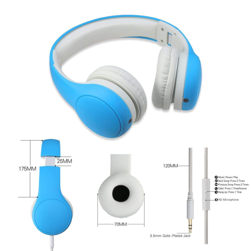 [Volume Limited] KPTEC Kids Safety Foldable On-Ear Headphones with Mic, Volume Controlled at Max 93dB to Prevent Noise-induced Hearing Loss (NIHL), Passive Noise Reduction, Wired Earbuds,Blue Blue