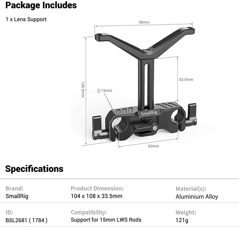 SMALLRIG Universal Lens Support with 15mm LWS Rod Clamp for Diameter 50mm to 140mm Lens - 1784