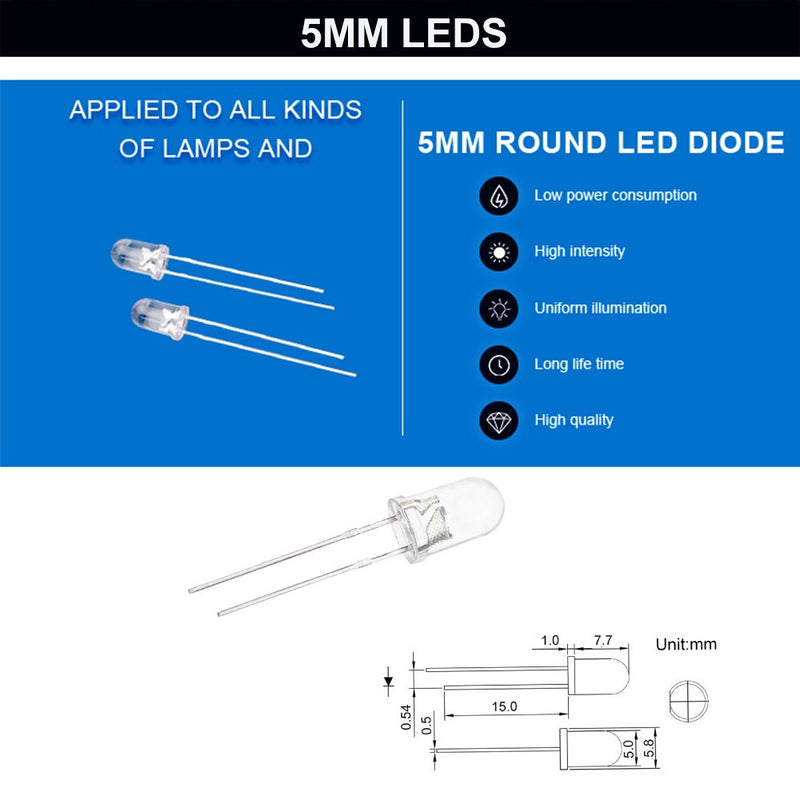 CO RODE LED Diode 3mm 5mm LED Light Kit Clear with Color White Red Blue Green Yellow, Resistors Included