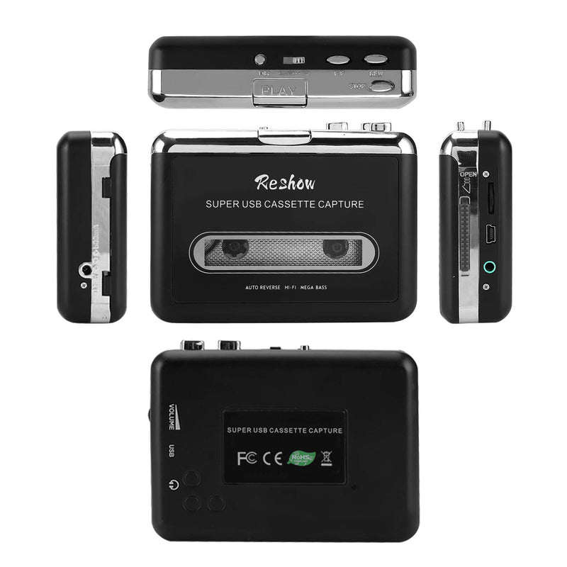 Reshow Cassette Player – Portable Tape Player Captures MP3 Audio Music via USB – Compatible with Laptops and Personal Computers – Convert Walkman Tape Cassettes to Mp3 Format Black