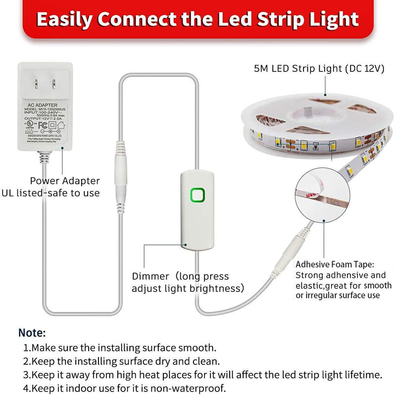[AUSTRALIA] - Led Strip Lights 16.4 Feet Dimmable White Led Light Strip Flexible Led Tape Light Kits with 12v Ul Power Supply, Adhesive Clips, Dimmer Switch and Connectors 16.4FT 