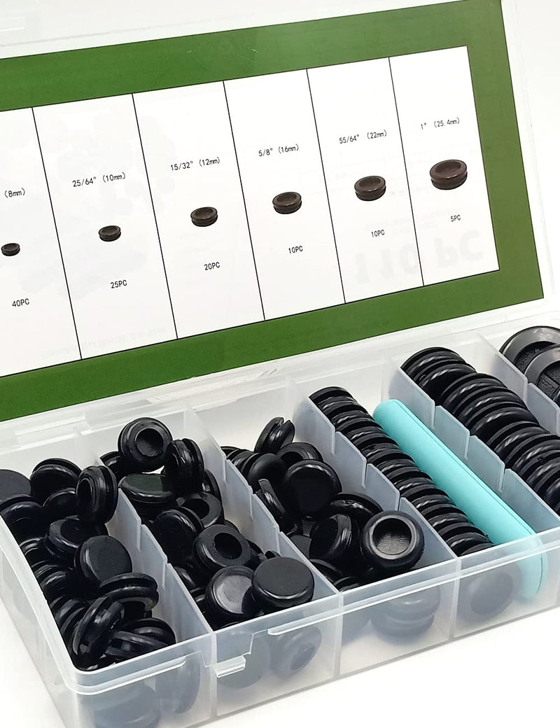 110 PCS Rubber Grommet 1"、 7/8"、5/8"、1/2"、13/32"、5/16"Drill Hole- Firewall Hole Plug Set, Electrical Wire Gasket Kit, Rubber Gasket Kit，Firewall Plug Grommet,Double-Sided Round for Automotive