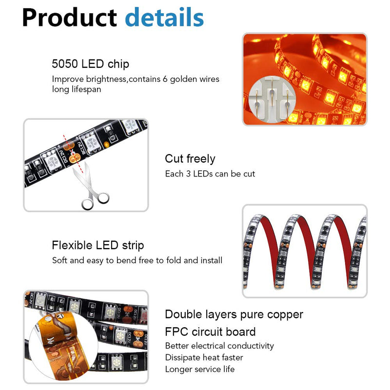 [AUSTRALIA] - ALITOVE Orange LED Strip Lights 16.4ft 5050 SMD Black PCB 5M 300 LEDs Waterproof IP65 12V DC for Home Hotels Clubs Shopping malls Cars Lighting Orange-bk 