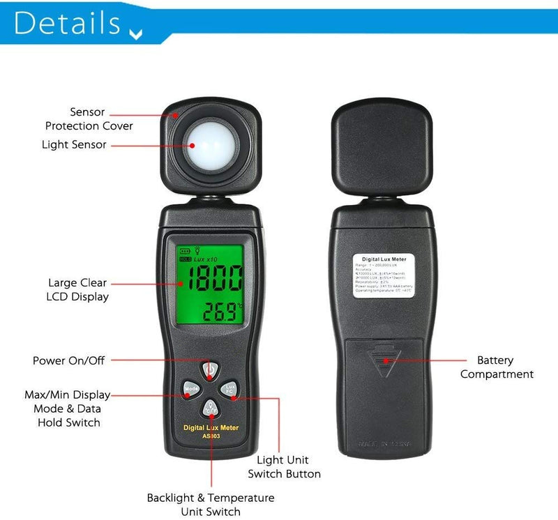 Digital Lux Meter, Illuminometer, Photometer, 0～200,000 Lux Measure Range, Lux/FC Unit Selection for Homes, Agriculture, Warehouses, Farms, Stage, Stadiums(Battery NOT Included)