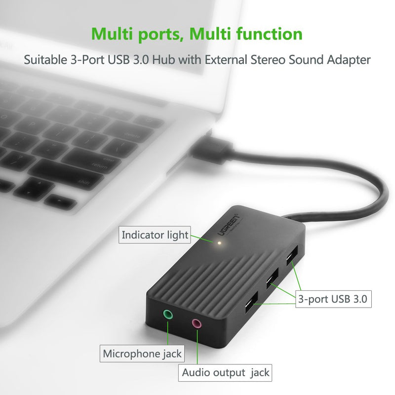 UGREEN USB 3.0 Hub 3 Ports USB Sound Card 2 in 1 External Stereo Audio Adapter 3.5mm with Headphone and Microphone 5Gbps High Speed for Mac OS Windows Linux iMac MacBook Mac Mini PCs Tablets