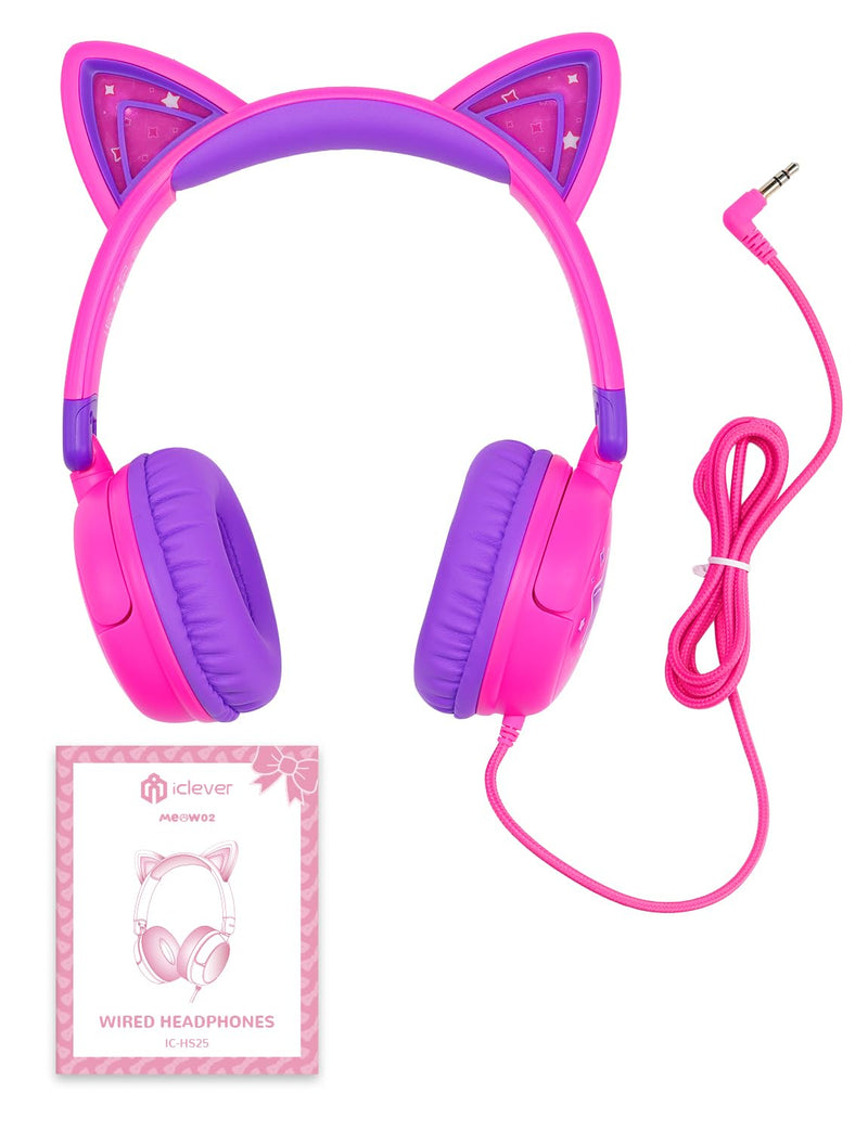 [AUSTRALIA] - iClever Kids Headphones Cat Ear, LED Light Up, 85dBA Safe Volume, Stereo Sound Toddler Headphones for Travel School, Foldable 3.5mm Wired Kids Headphones for iPad Tablets, Meow Lollipop-Hot Pink Hot Pink 