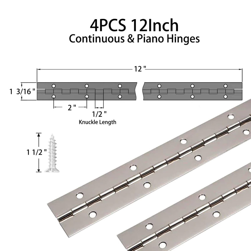 4PCS 12 Inch Piano Hinge Stainless Steel Continuous & Piano Hinge Heavy Duty Piano Hinges, 0.04" Leaf Thickness, 0.5" Knuckle Length, Screw Included