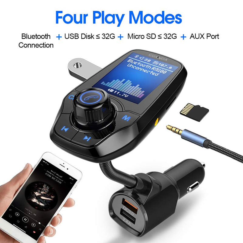 Guanda Bluetooth FM Transmitter for Car, Bluetooth Car Adapter, 4-in-1 Car MP3 Player with 1.8 Inch Color Display, AUX Input/Output, 3 Port USB, S Handsfree Call, SD/TF Card, USB Disk,QC3.0,5 EQ Modes Large Port-USB A Black