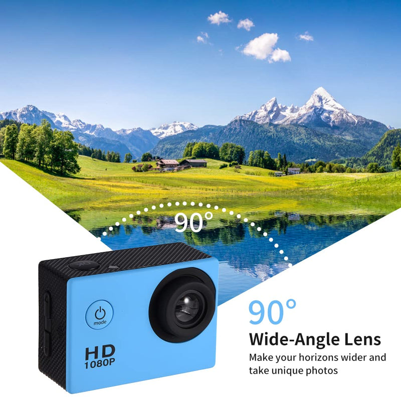 1080P Action Video Camera, 100 Feet Waterproof Camera with 90° Wide Angle Lens, 2" IPS Screen Underwater Camera with Accessories Kit, with 900mAh Battery for Photography Shooting(Blue)