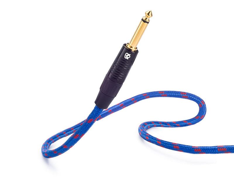 KLIQ Music Gear Guitar Instrument Cable, 10 Ft - Custom Series with Premium Rean-Neutrik 1/4" Straight Gold Plugs 10 Feet Blue/Red Tweed