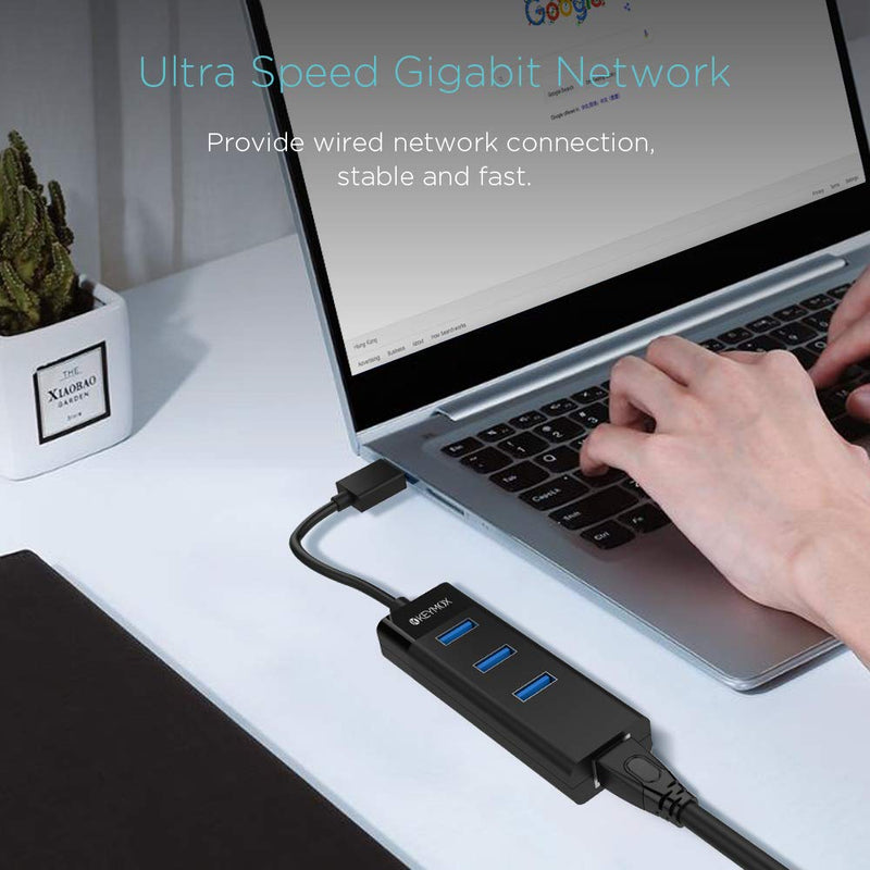 Keymox USB 3.0 to 3-Port USB 3.0 and 1-Port Gigabit Ethernet Hub with 0.15m Extended Cable, Supporting 10/100/1000 Mbps Ethernet Network, Black