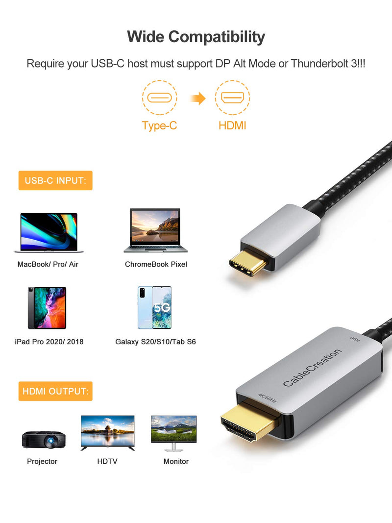 USB C to HDMI Cable 6FT with HDR 4K@60Hz, 2K@144Hz, 2K@120Hz, CableCreation USB Type C to HDMI Cable Thunderbolt 3 Compatible for MacBook Pro/Air, iMac, iPad Pro 2020, Galaxy S20 S10/Note 10