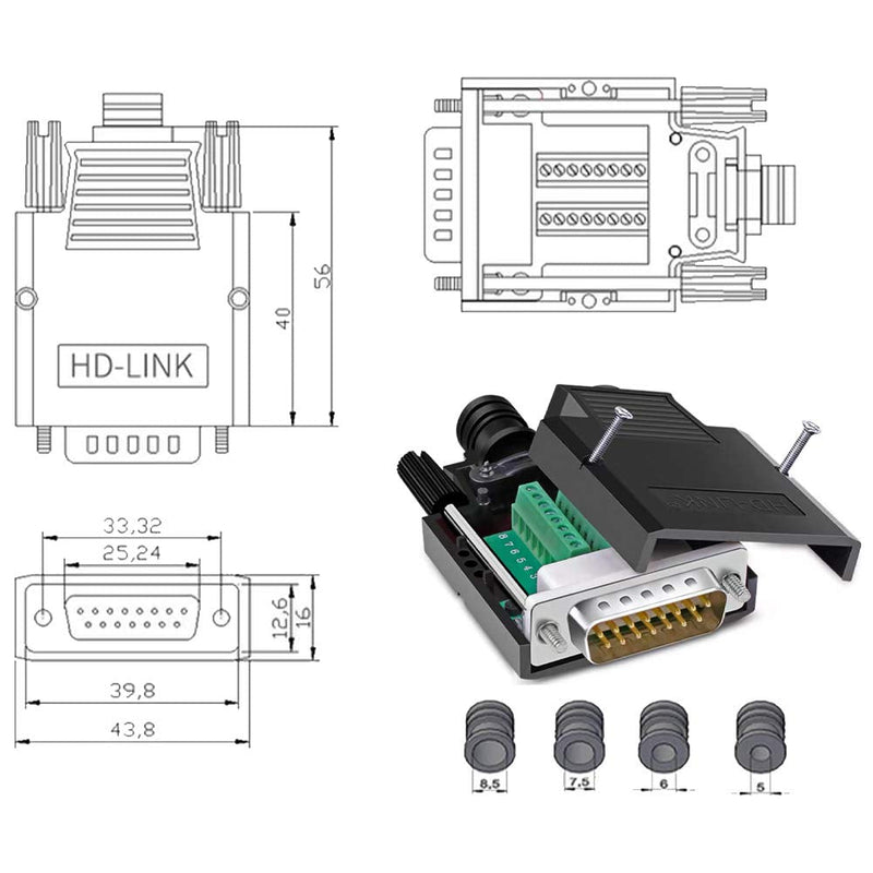 Jienk 2Pcs DB15 Solderless Male RS232 D-SUB Serial Adapters, 16mm thinner 15 Pin Port Terminal Solderfree Breakout Board Connector with Case Accessories Male(2Pcs)